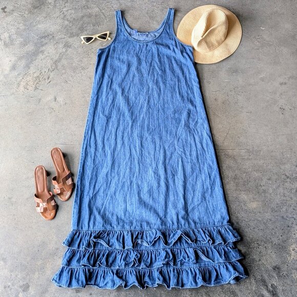 Vintage Gotcha Covered Blue Denim Sleeveless Ruffle Hem Maxi Dress size 8 - Picture 1 of 7